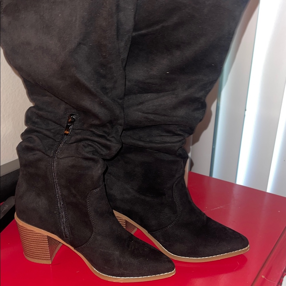 Amazon Black Heeled Boots with Brown Accents
